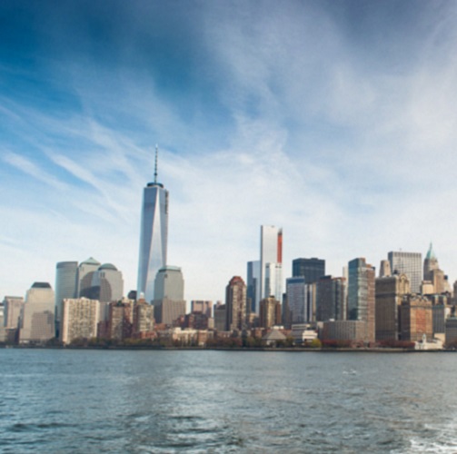NYC skyline view of downtown from across the water with WTC prominently featured